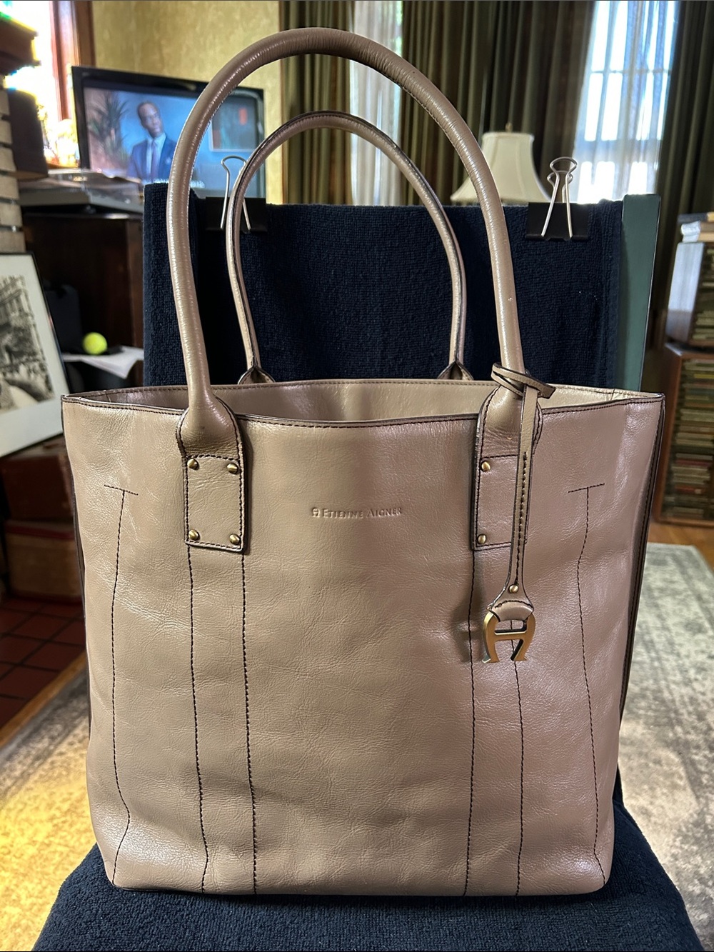 Etienne Aigner Taupe Leather Tote Bag w Dual Top Handles & Gold Tone Logo Charm